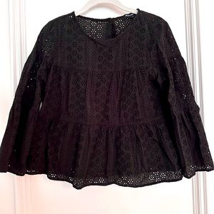 Black eyelet cotton tiered blouse